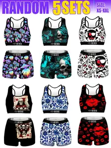 Random pattern 5sets，Women's Butterfly Pattern Sports Bra Set, Exercise Bra, Casual Wireless Bras, Wirefree Sports Bra, Comfortable Stretchy Underwear, Ideal for Running & Swimming