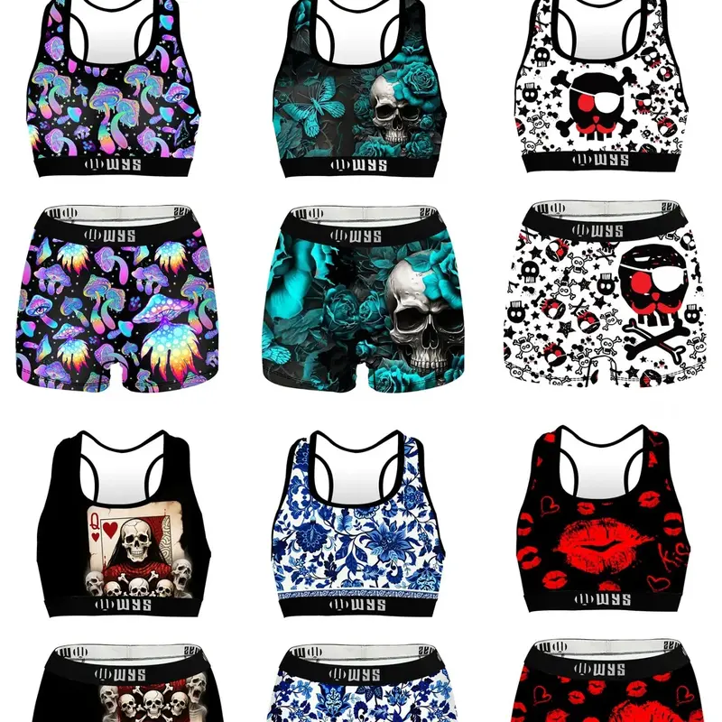 Women's 5-Piece Printed Sports Bra Set, Casual Lined Wireless Bras, Comfortable Stretchy Underwear, All Seasons Activewear