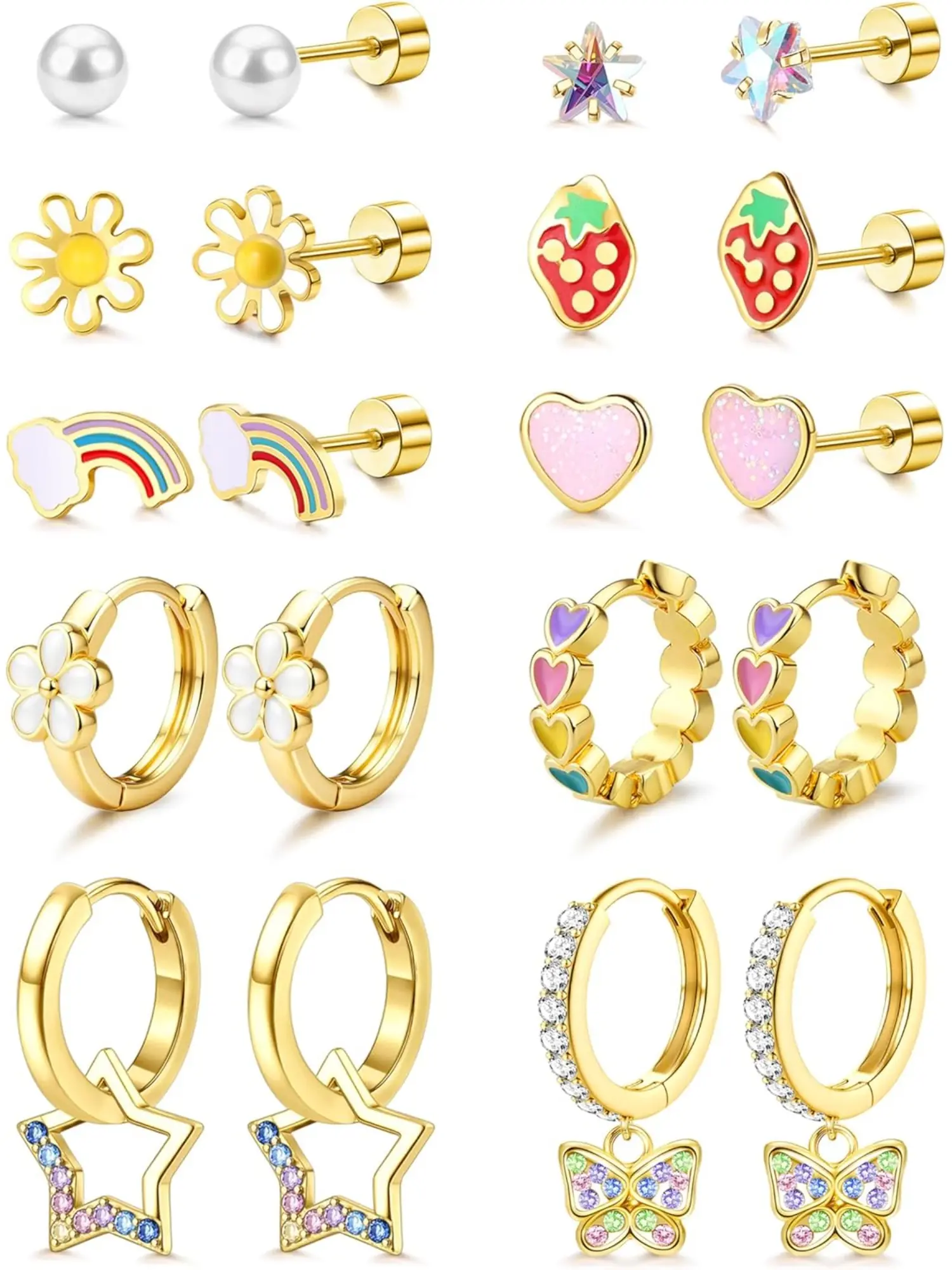 10 Pairs Hypoallergenic Earrings for Girls, Stainless Steel Flat Back Studs, Sensitive Ears Jewelry, All Seasons Casual Style