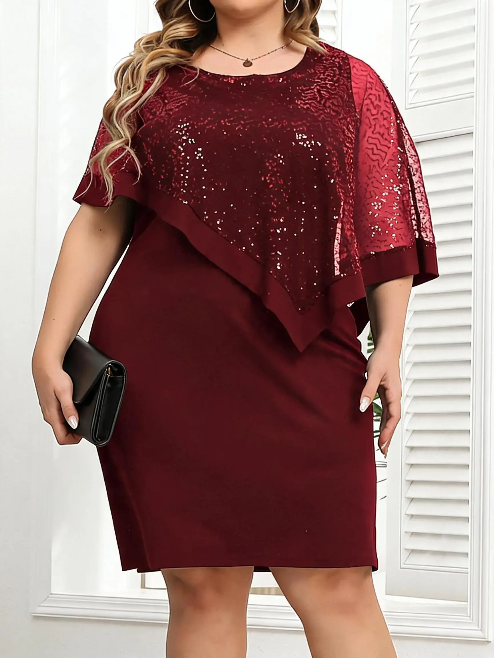 Plus Size Women's Sequin Mesh Contrast Batwing Sleeve Dress, Round Neck Elegant Short Party Holiday Summer Embellished Outfit