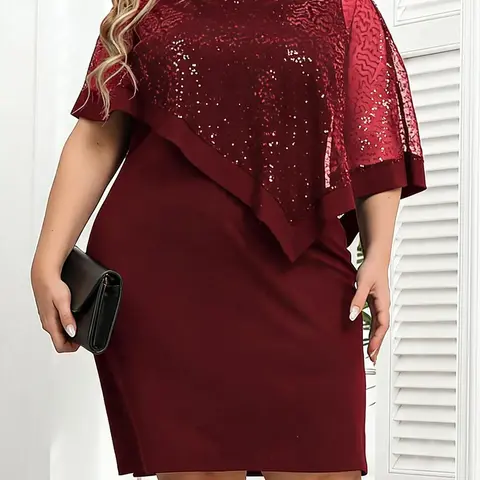 Plus Size Women's Sequin Mesh Contrast Batwing Sleeve Dress, Round Neck Elegant Short Party Holiday Summer Embellished Outfit Party Club Dress