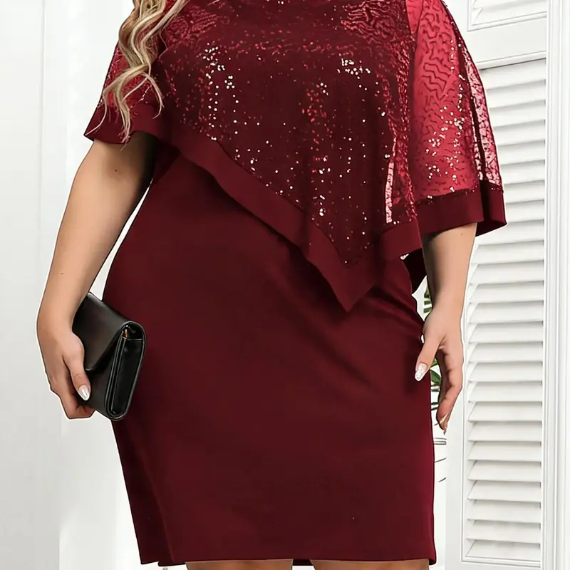 Plus Size Women's Sequin Mesh Contrast Batwing Sleeve Dress, Round Neck Elegant Short Party Holiday Summer Embellished Outfit Party Club Dress