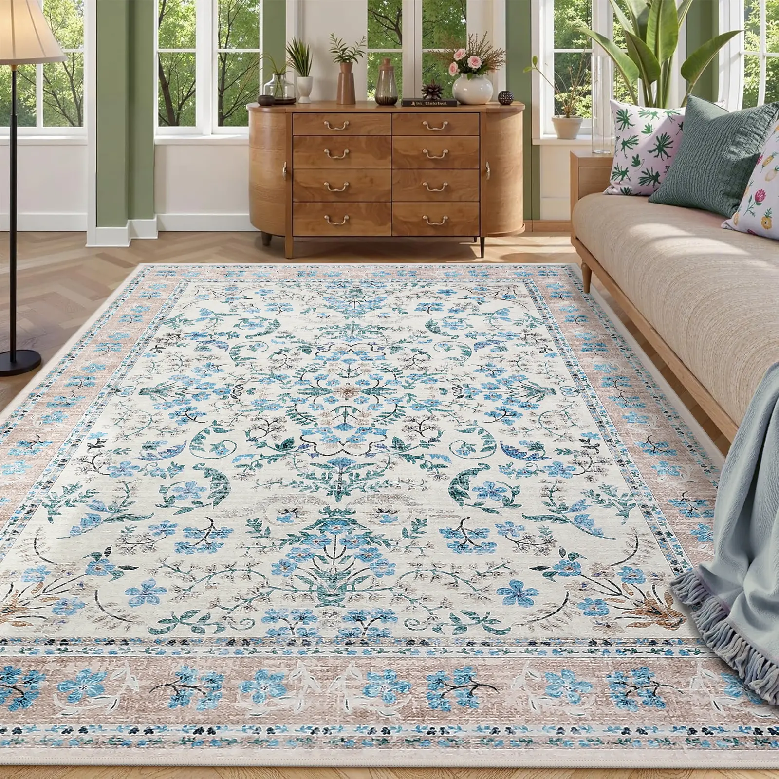 Garvee Washable Vintage Boho Floral Area Rug, Low-Pile Ultra-Soft Printed Carpet - Non-Slip TPR Rubber Backing - collapsible, Non-Shedding Indoor Floor Rug for Living Room/Bedroom/Dining Room/Nursery