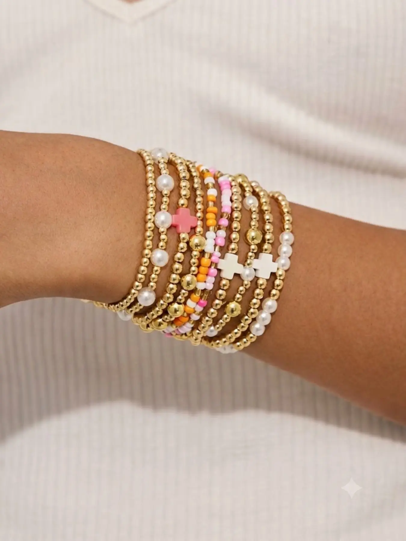 10pcs Women's Cross Bracelet Set, Matching Bracelets, Colorful Beads, Ccb Beads, Faux Pearl Multi-Layer Elastic Bracelets, Perfect Birthday Gift