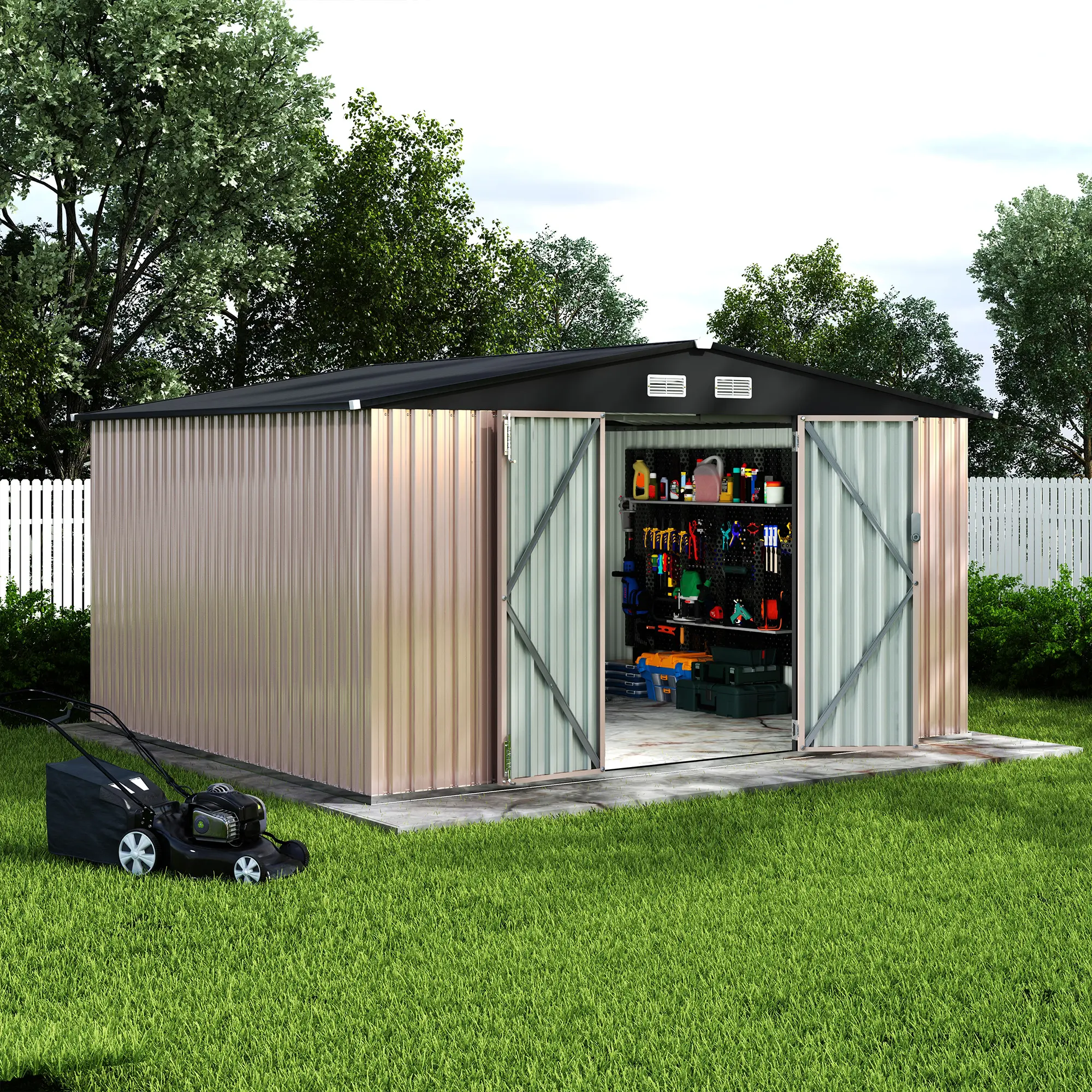 Maximize Your Outdoor Space! 10x12 FT Galvanized Steel Shed, Weatherproof, Lockable Door, Sloped Roof & Vents for Garden Storage