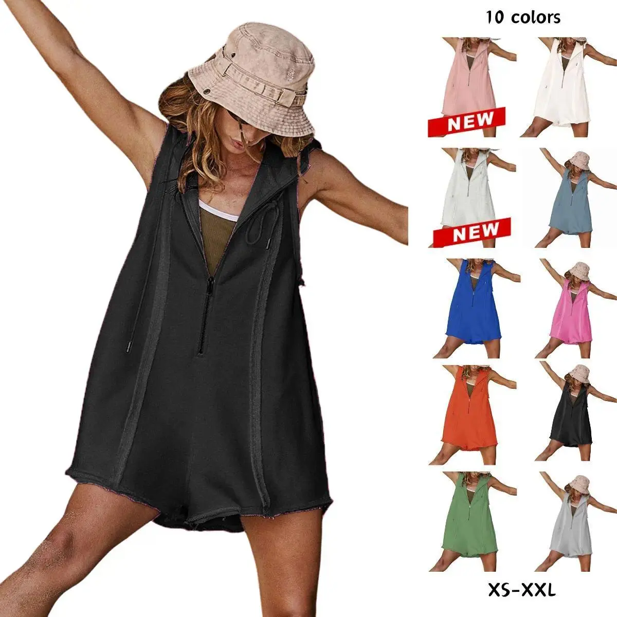 Women's Sleeveless Hooded Half-Zip V-Neck Loose Shorts Jumpsuit with Pockets, Athleisure Style Minimalist Basic Workout Jumpsuit for Summer Casual Fitness Outfits,summerwins,summeroutfits,vacationoutfits,bathingsuitwomenset,beachoutfits
