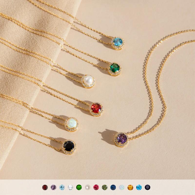 Halo Birthstone Necklace by Caitlyn Minimalist - Vintage Style Gemstone & Diamond Charm Necklace in 18K Gold Finish - Custom Birthstone Jewelry - Personalized Gifts for Her.