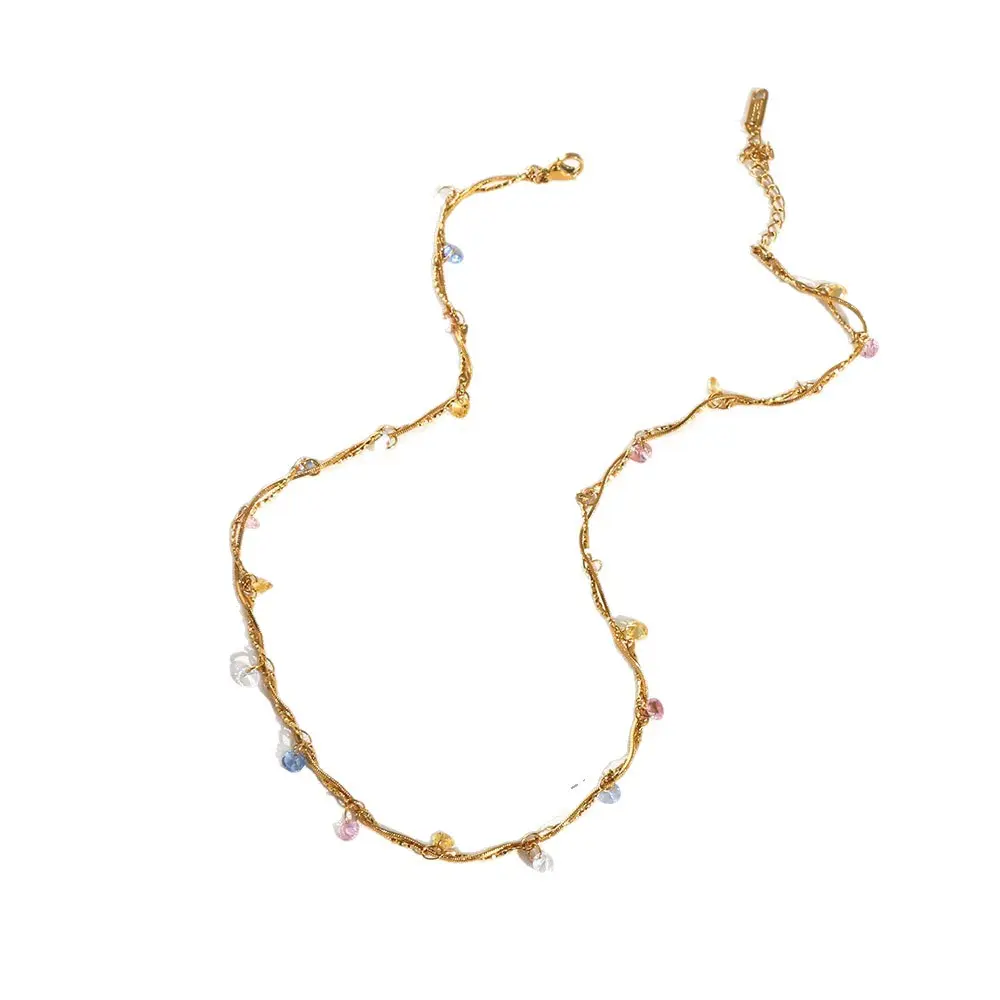 Winding lines colorful zircon stainless steel necklace for women, niche light luxury fashion stick chain jewelry