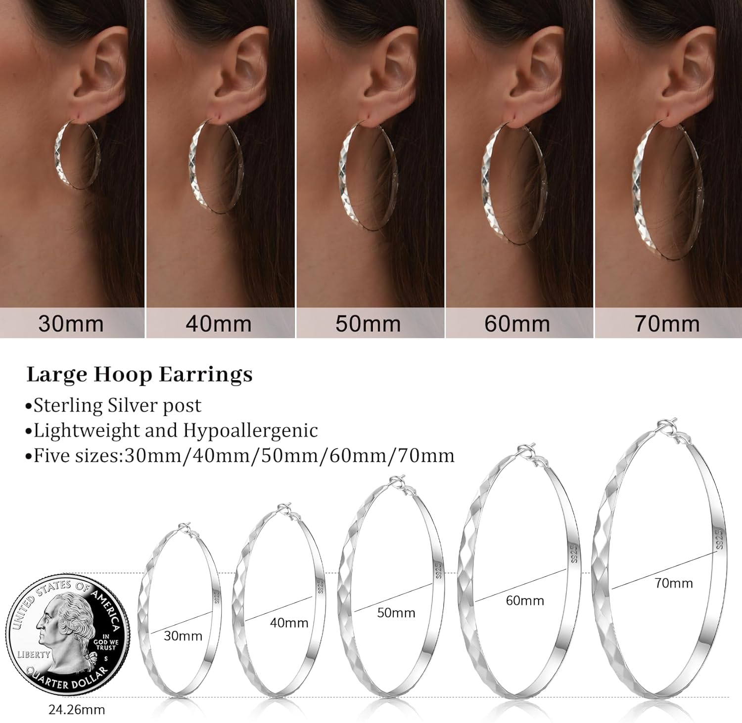 Silver Hoop Earrings for Women 925 Sterling Silver Hoop Earrings Hypoallergenic Large Silver Hoop Earrings Lightweight Big Silver Hoop Earrings for Women 30/40/50/60/70MM