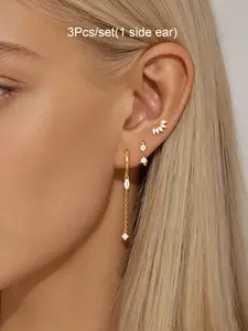 3Psc Gold Plated Earrings Set Women Dainty Cubic Zirconia Leaf Stud Long Chain Drop Earring Stack Set Daily Jewelry