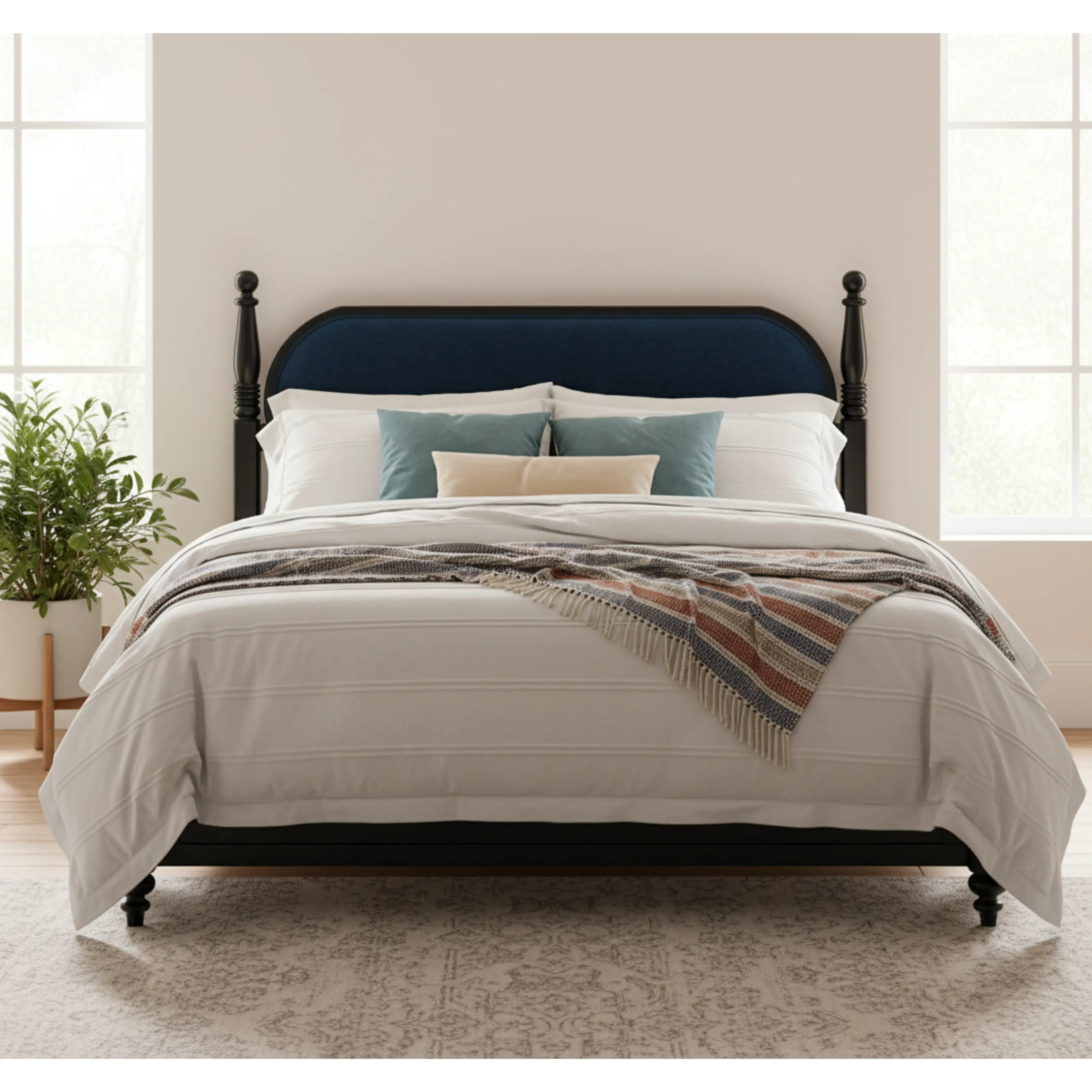 ARCH Queen Bed Frame Solid Wood Platform with Slats Navy Blue Black Upholstered Headboard Modern No Box Spring Needed Heavy Duty Support Bedroom Furniture, Bedroom Furniture for Bedroom, Guest Room, Kids Room, Teen Room, Dorm and Apartment