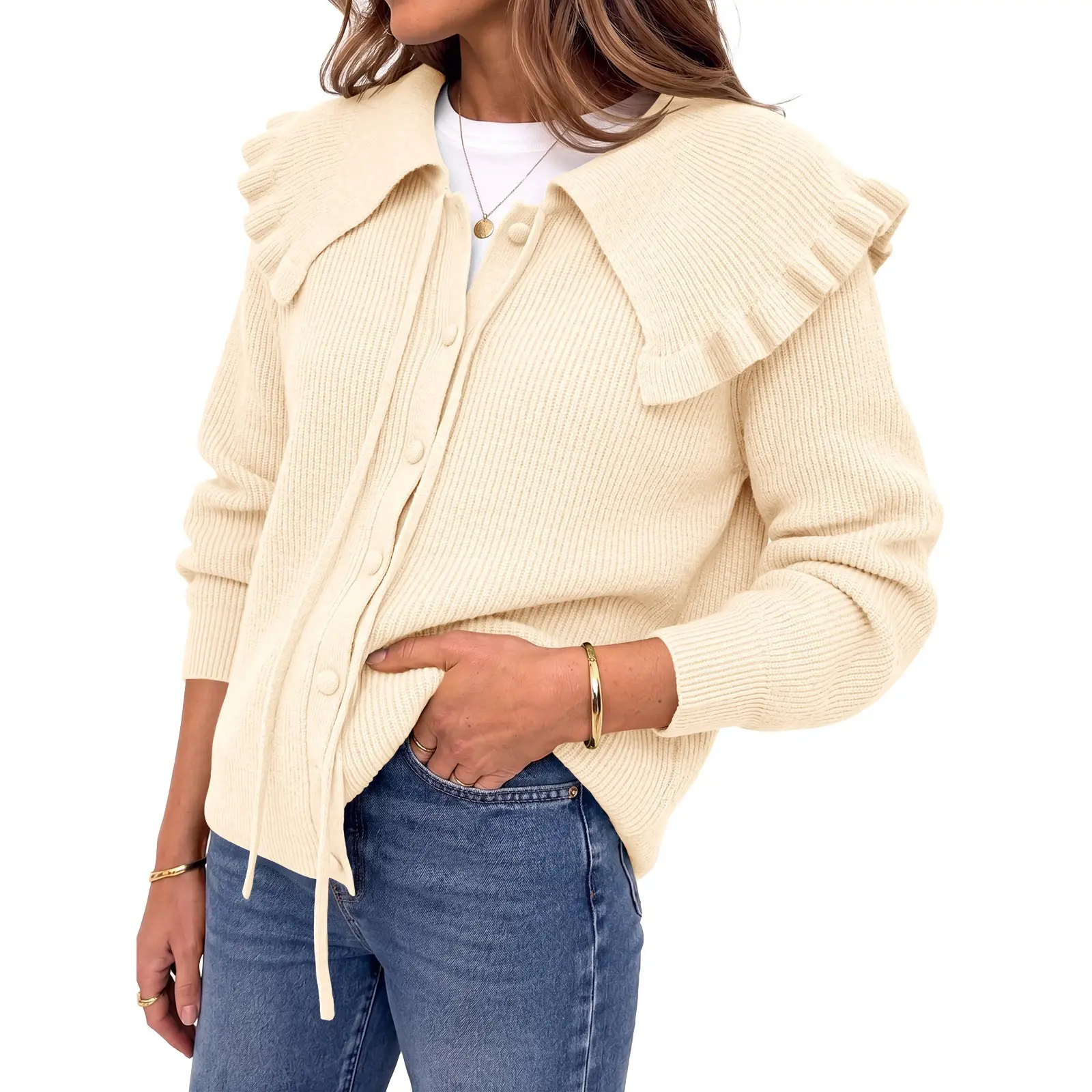 Saodimallsu Women's Oversized Ruffle Peter Pan Collar Knit Cardigan - Long Sleeves, Tie Closure, Button-Up, Basic Casual Fabric, Fall Outfits, Knitwear