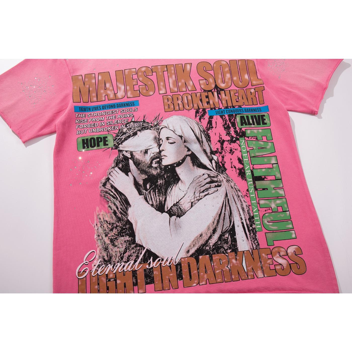 MAJESTIK New American High-Street Streetwear, Vintage Washed Distressed Frayed Edges, Heavy Rhinestone Inlay, Jesus & Virgin Mary Graphic Print, Black Y2K Hip Hop Crew Neck Short Sleeve Cotton T-Shirt Tops