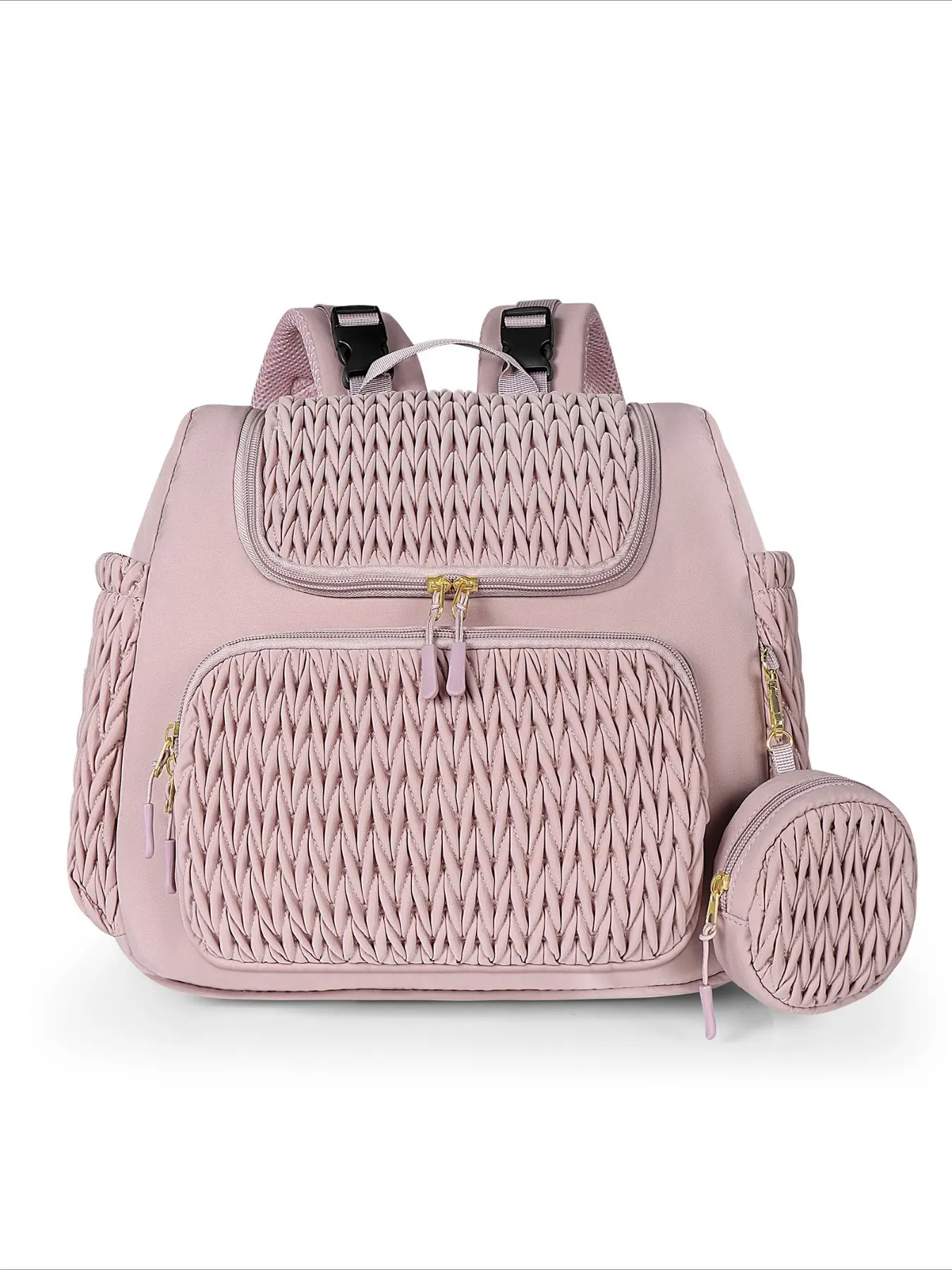Hand Woven Textured Quilted Diaper Backpack for Women, Large Capacity, Water Resistant, 4 Milk Bottle Holders, Detachable Stroller Straps, Diaper Bag Backpack