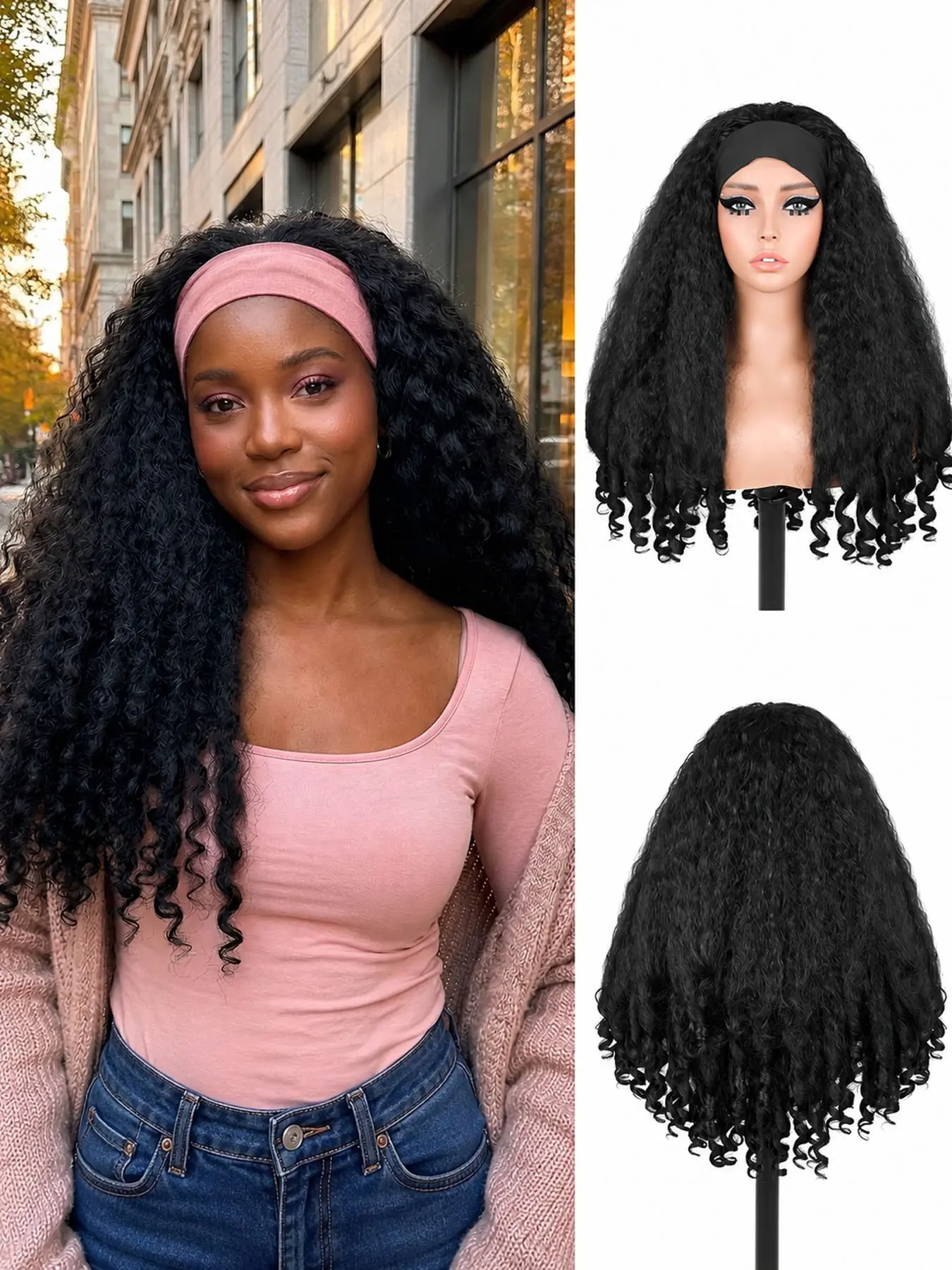Curly Headband Wig Synthetic Curly Wavy Braided Hair Texture with Unique Bouncy Curls in the End 24 Inch