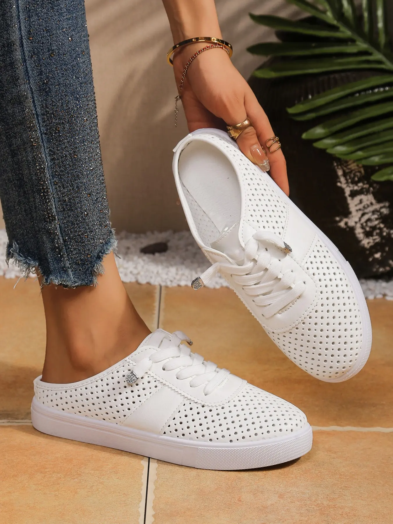 Women's Perforated Hollow Backless Mule Sneakers, Lace Up Breathable Flat Casual Shoes, Lightweight Slip-On Outdoor Walking Summer Footwear