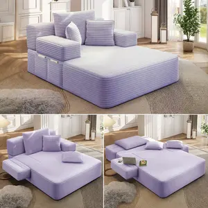 Aobtkel®Luxurious Plush Corduroy Chaise Lounge with 3 Pillows, Convertible Sofa Bed with Storage Pocket, Frameless Design & Compression Foam for Small Spaces, Living Room, Apartment,Purple