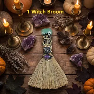 Witch Broom Halloween Natural Crystal Witchcraft Altar Decoration, Handmade Ritual Magic Item, Spiritual Home Decor, Mystical Atmosphere