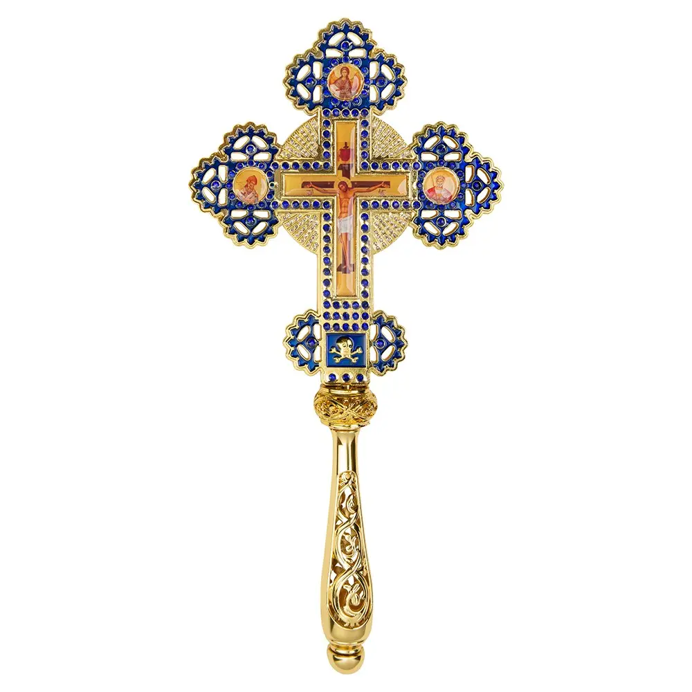 11.61 Inch Orthodox Hand Blessing Cross Gold Plated Blue Rhinestone Enamel Handheld Crucifix With Jesus & Saints Icons, Priest Bishop Liturgy Ritual Religious Craft Ornament Premium Gift Box