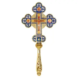 11.61 Inch Orthodox Hand Blessing Cross Gold Plated Blue Rhinestone Enamel Handheld Crucifix With Jesus & Saints Icons, Priest Bishop Liturgy Ritual Religious Craft Ornament Premium Gift Box
