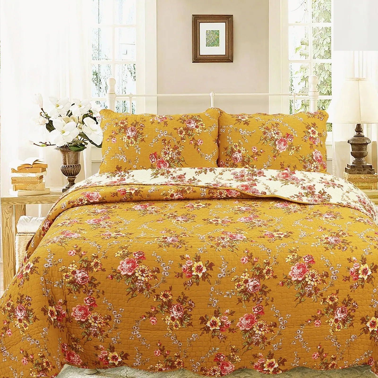 3pc 100 Cotton Mustard Yellow Floral Quilt Bedding Set, Lightweight Bedspread Coverlet for All Seasons