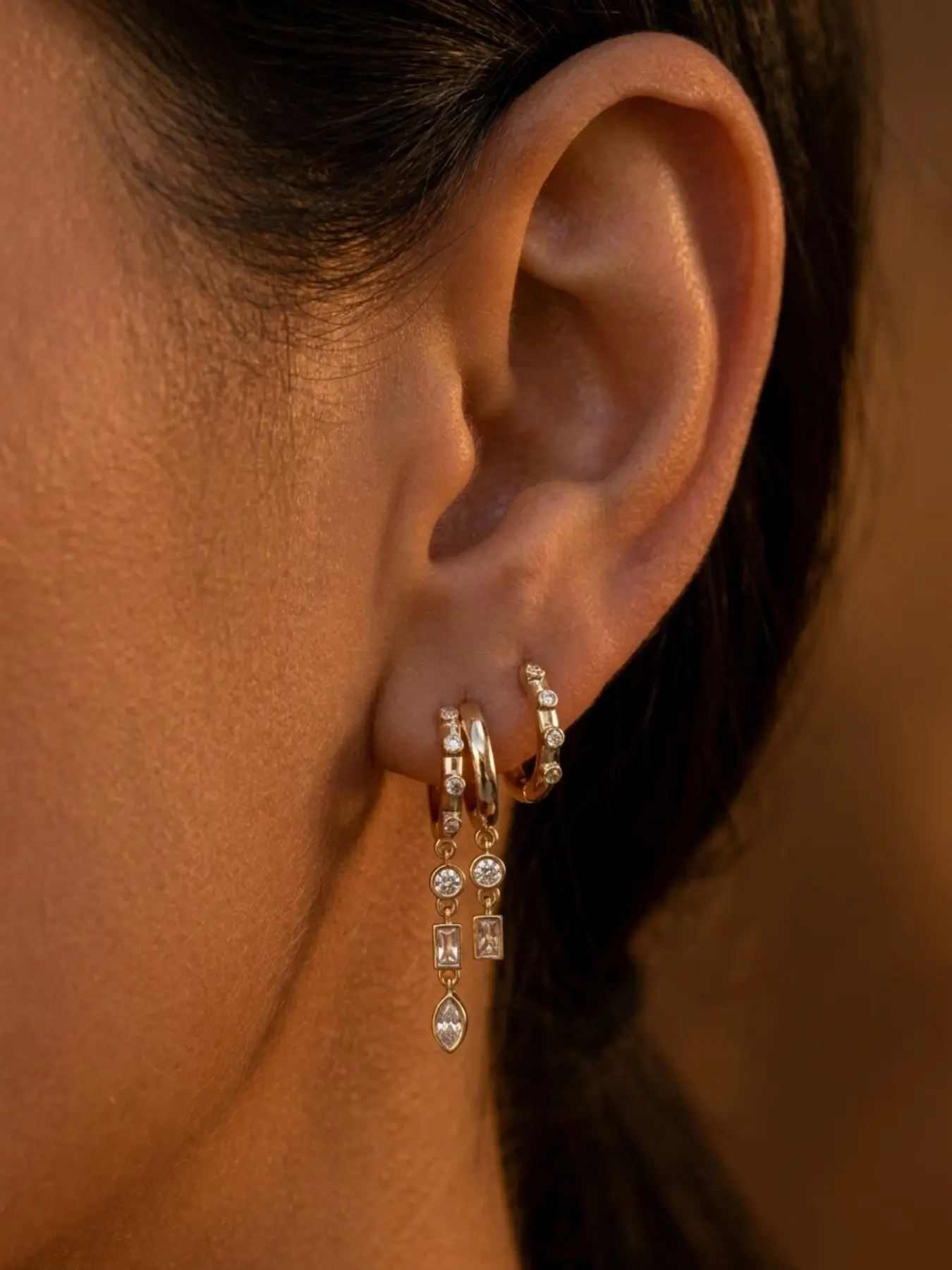 Elegant Multi-Diamond Layered Fringe Earrings, French Chic Style, Round Arc C-Shaped Ear Ring, Long Drop Zirconia, Face-Flattering, Perfect for Dates and Office