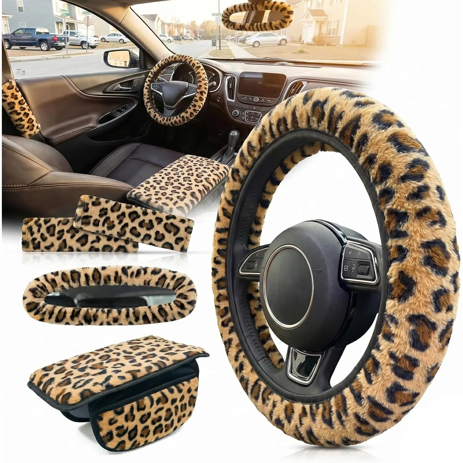 5 count Fuzzy  Print  Accessories Set, Soft  Plush Steering Wheel Cover, Center Console Armrest Pad & Rearview Mirror Cover - Interior Decorations for Women, Fit (Leopard Print)