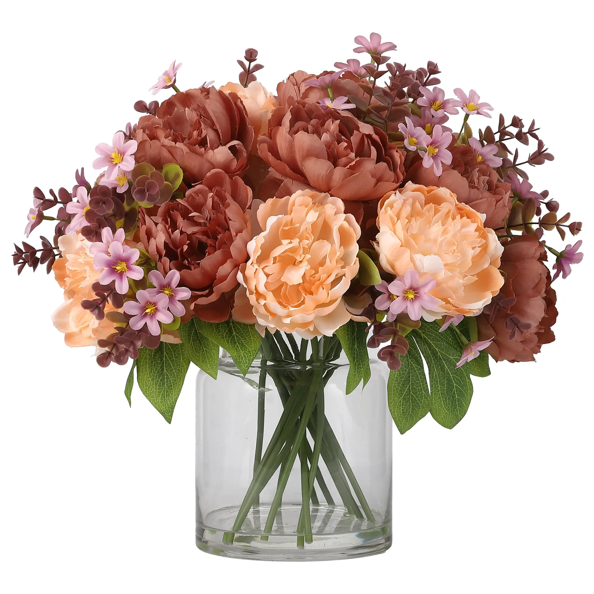 Real Touch Silk Peony Artificial Flower Arrangement in Glass Vase with Faux Water – Mixed 17-Piece Bouquet for Home Decor, Centerpiece, Weddings, Events, Living Room Display