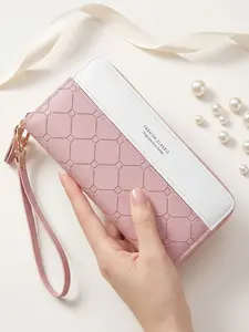 Women's Long Zipper Wallet with Rhombus Texture, Colorblock Patchwork, Fringe Handle, Large Capacity, Multiple Card Slots, Phone Pouch