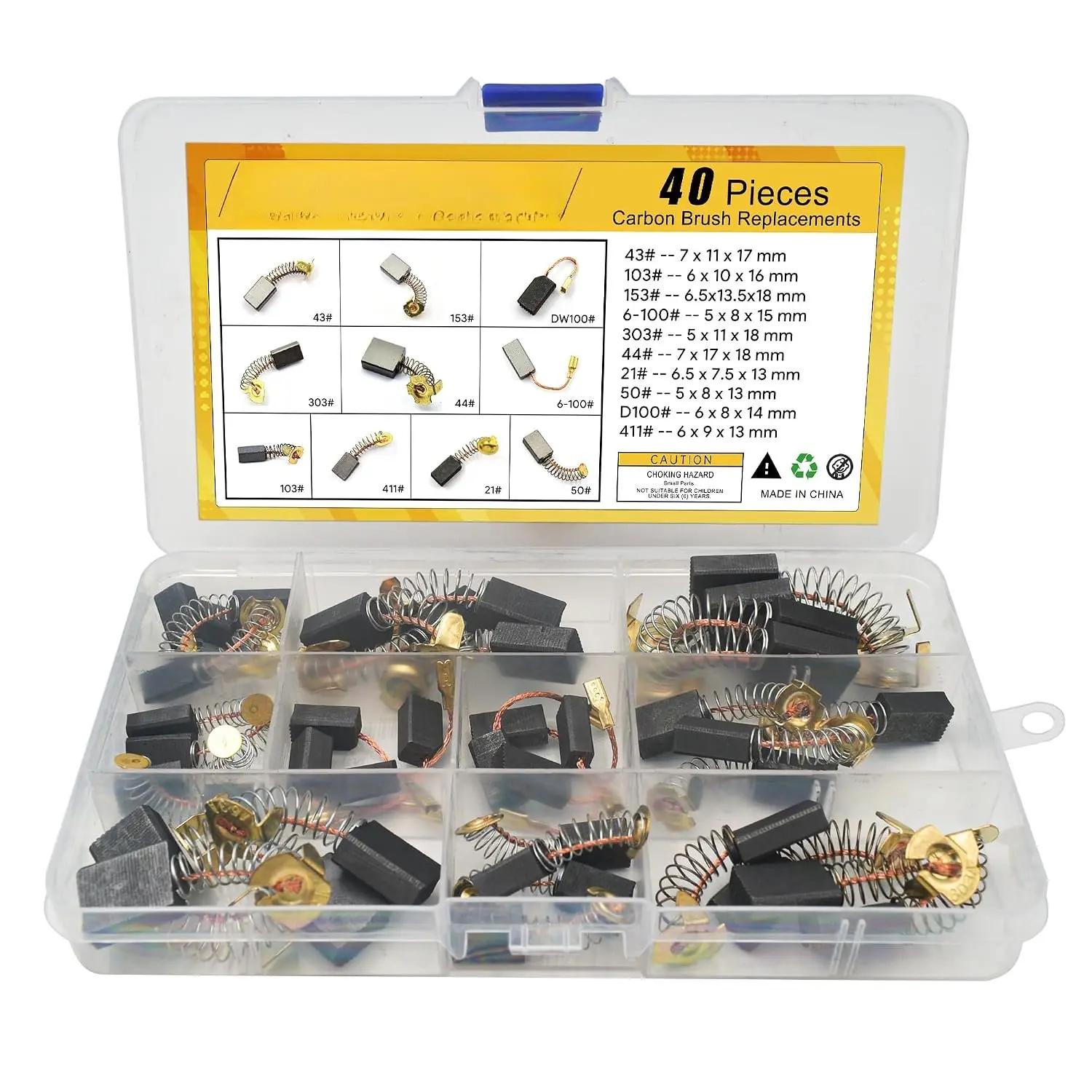 Electric  Carbon Brushes, Set of 40 count in 10 Sizes | for Power Tools Repair Maintenance, for Angle Grinders, Electric Hammer Drills, Circular Saws