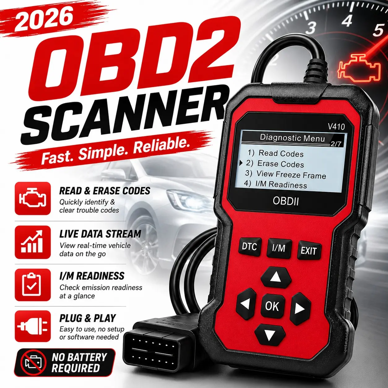 OBD2 Diagnostic Scanner, 1 Count Accurate Code Reader, Efficient Engine Light Diagnostic Aid, and Reliable Battery Voltage Tester for OBD2 - Compliant 12V Cars and Trucks Since 2003