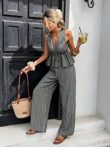 Women's Striped Tie-Waist Sleeveless Blouse + Long Pants Set, Casual Boho Style, Retro Commuter, Medium Length, Slim Fit