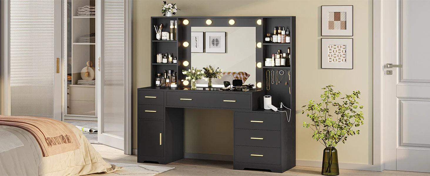 Sikaic 48.8" LED Lighted Makeup Vanity with Large Mirror & Charging Station Modern Black Dresser with 6 Drawers & Adjustable Shelves for Beauty Enthusiasts