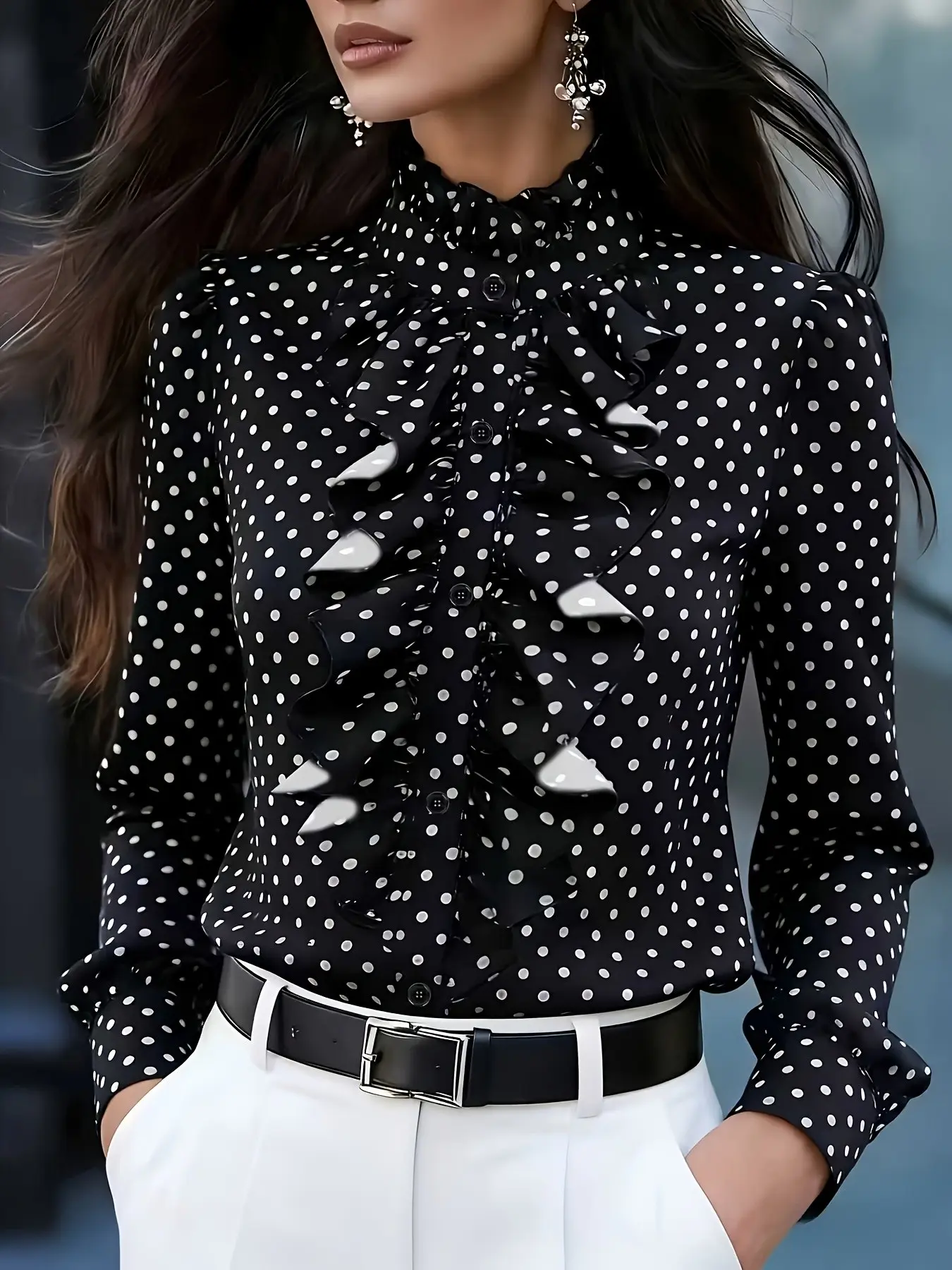 New Spring & Fall Fashion Polka Dot Print Peter Pan Collar Half High Neck Long Sleeve Women's Shirt, Elegant Office Wear Top, Business Casual Blouses
