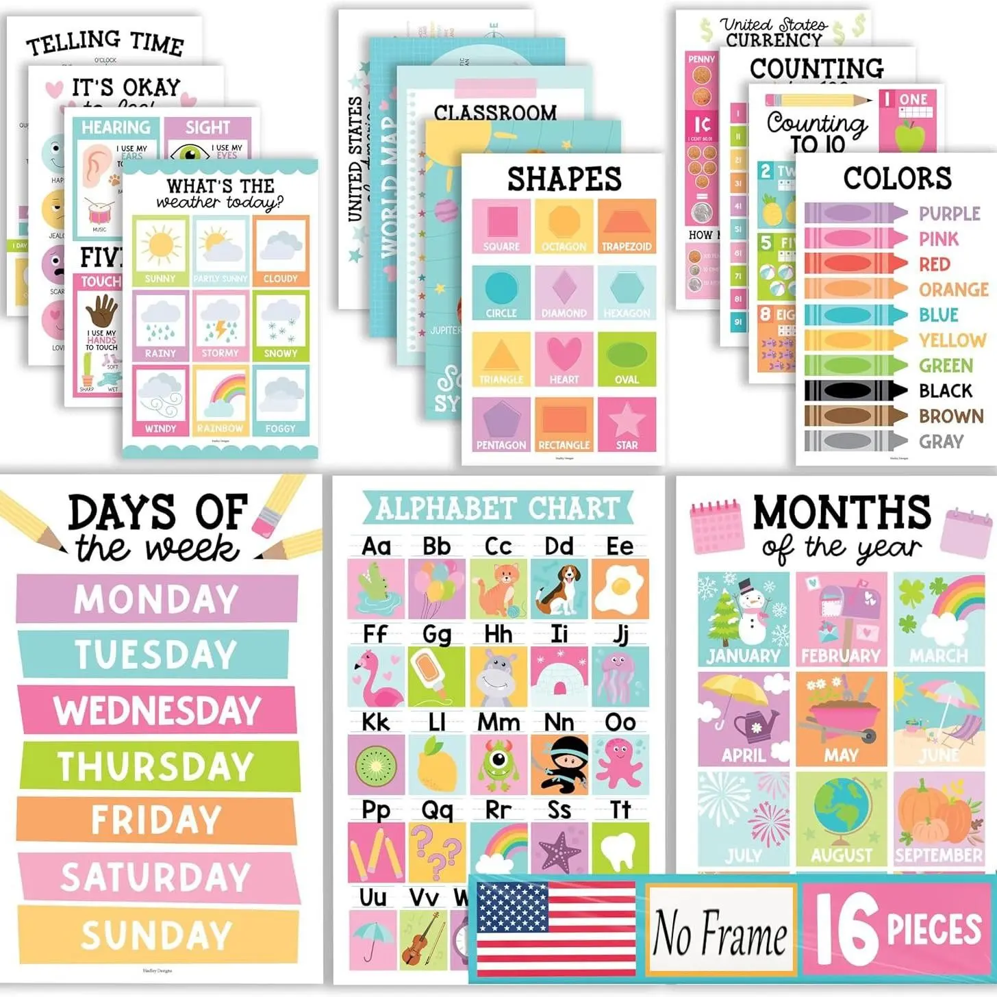 16-Piece Early Learning Poster Set, Alphabet Shape Color Time Chart, Unframed Classroom Decor, Essential for Kindergarten and Preschool