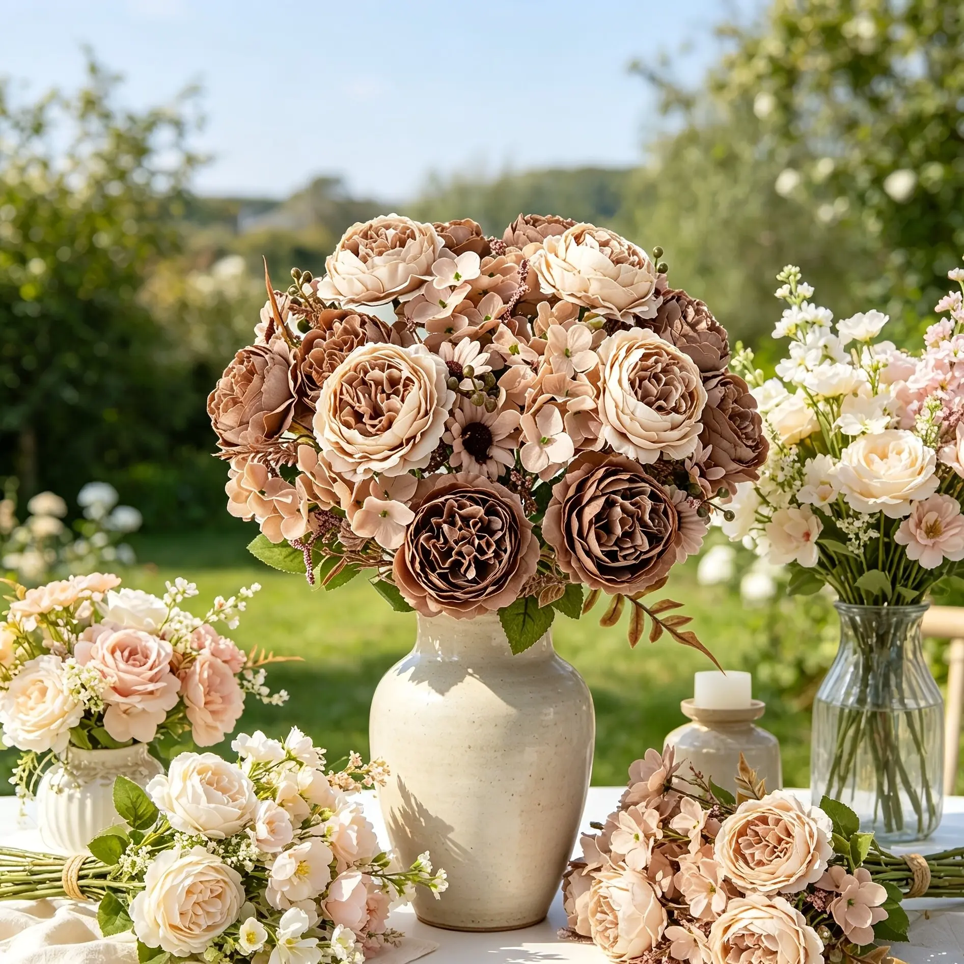 1pc Realistic Artificial Peony & Daisy Bouquet with Coffee Roses - Plastic Low-Maintenance Suitable for All Seasons Wedding, Bridal Basket, Indoor/Outdoor for Valentine's Day, Eid, Graduation, Birthday Gift, Table Centerpiece Decoration