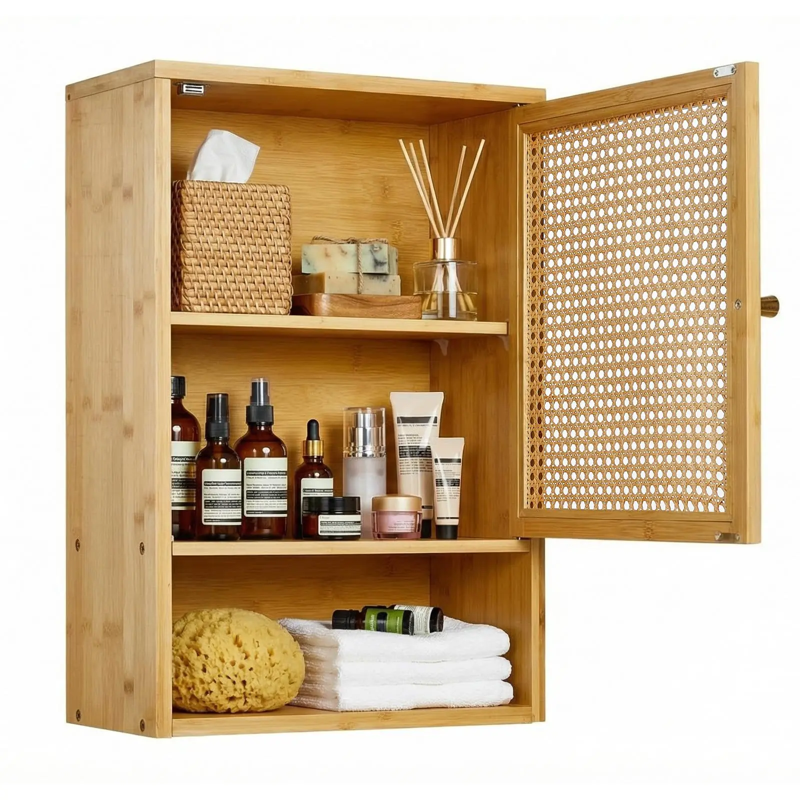 Garvee Hanging Cabinet Wall-mounted Cabinet Wall Shelf Large Capacity With Door Rattan Style Wooden Cupboard Entrance Toilet Kitchen Wall Storage Quality Assurance (Width 40 × Depth 20 × Height 60 cm)