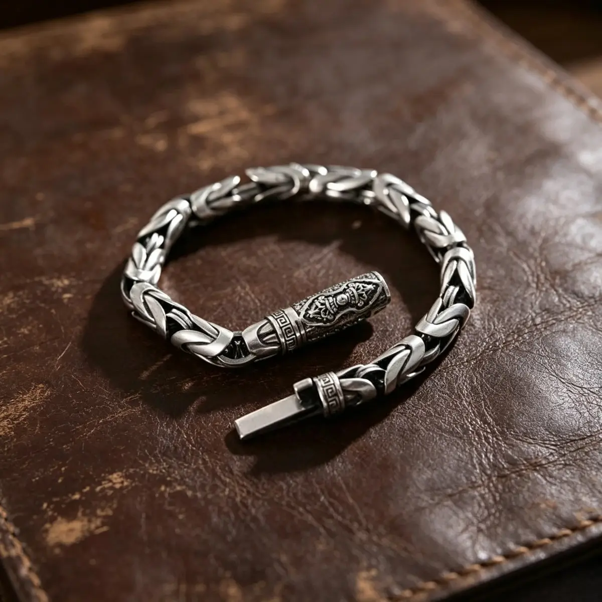 Vintage Twist Chain Sports Wristband for Men - Copper Metal, Engraved Talismans, Layer-Friendly, Antique Silver Tone, Punk Vibe Casual Wear Unisex Handcrafted Jewelry for Birthday Styling, Talisman, Bracelets