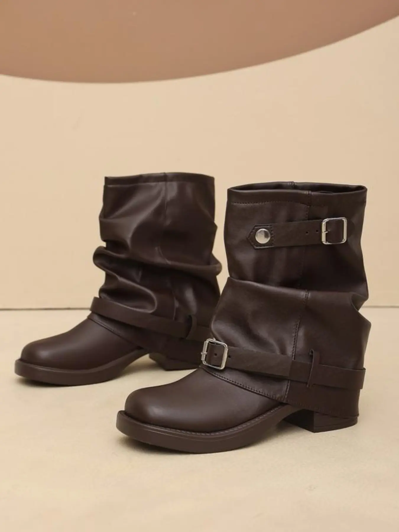 American Style Punkish Folded Edge Thick Sole Short Boots, Soft PU Comfortable Height-Boosting Platform Leather Buckle Short Calf Boots, Multiple Colors Available