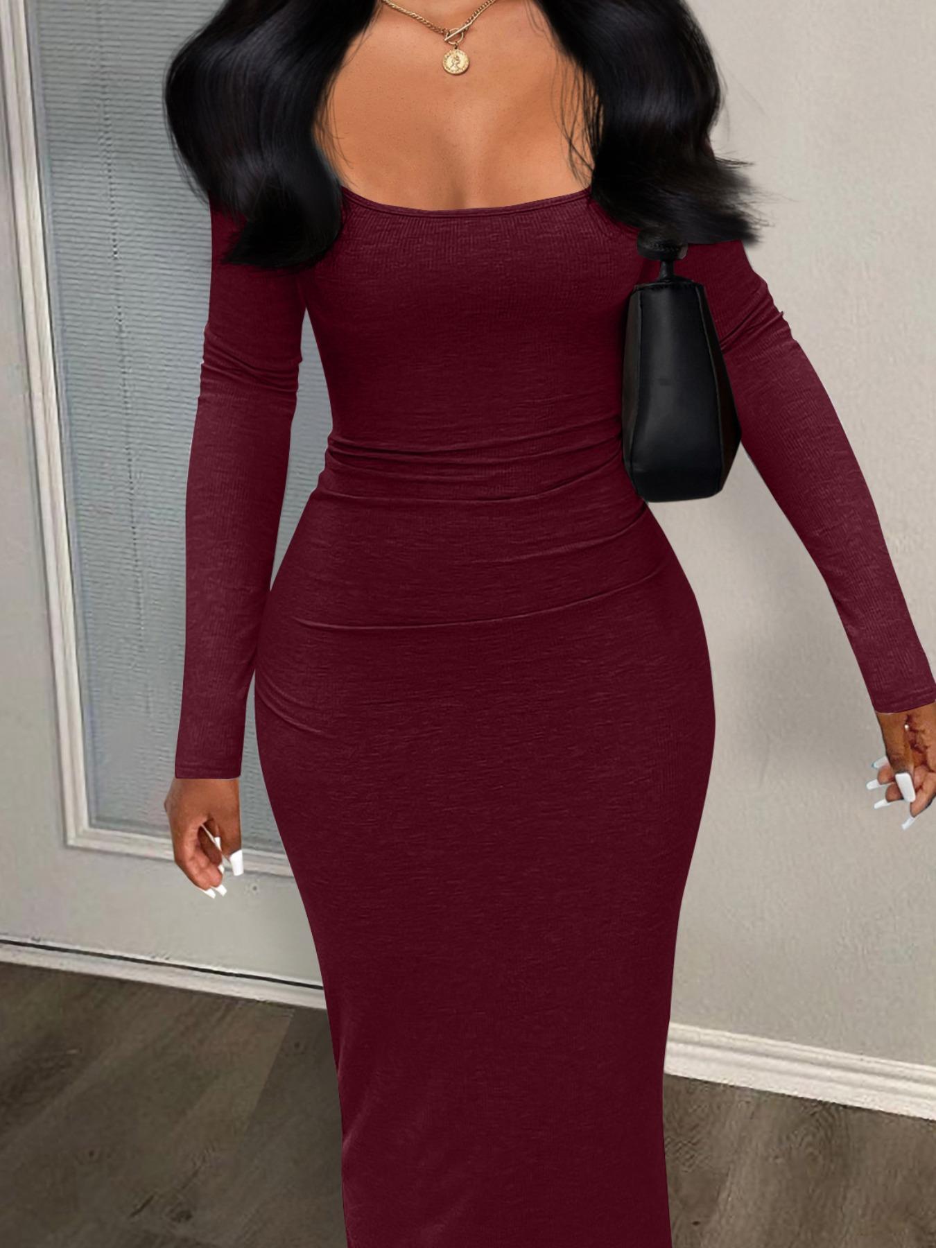 Women's Casual Elegant Minimalist Tight-Fitting Ribbed Dress, Casual Wear,  Womenswear, Low Neckline, Long Sleeve, Plain Color, Spring & Fall Fashion,  Moderate Fabric Thickness, Kint Style, Casual Elegance Chic - TikTok Shop
