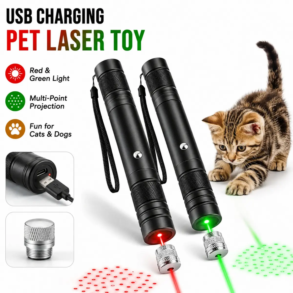 Rechargeable Laser Pointer Interactive Pet Toy (Green, 1 Count) - Aluminum Alloy, Safe Low-Power, Multiple Modes, Wall Projection, Star Pattern Display, Indicator Light, USB Charging, Indoor Use for Cat & Dog Hunters