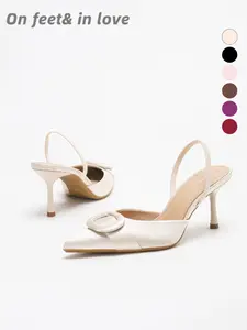 Women's All Sizes soft sole high heel design Black Satin Pointed Toe Slingback Stiletto Heel Pumps, Circular Buckle Decor Non Slip Cushioned Secure Fit Dress Heels for Office Work Date Night Cocktail Party Wedding Guest Formal Outfits footwear