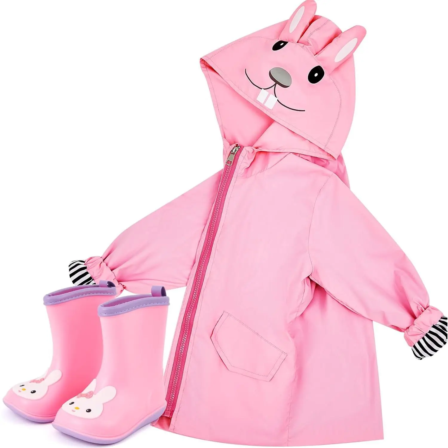 2 Pcs Toddler Raincoat Rain Boots Set Kids Baby Cartoon Hoodie Zipper Jacket Short Rain Shoes for Little Boys Girls