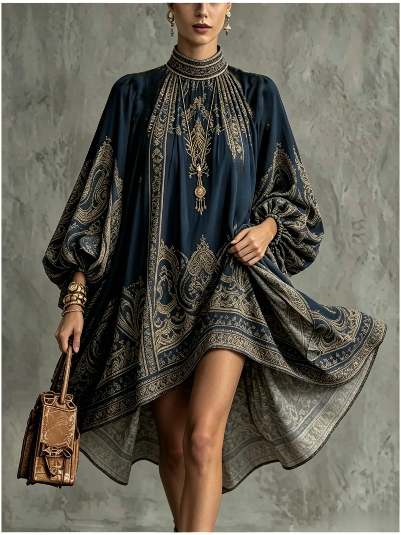 Vintage Boho High Neck Print Dress, Loose Fit Midi Dress, Sleeveless Plain Surface, Lightweight Chiffon Material, Perfect for Vacation, Bohemian