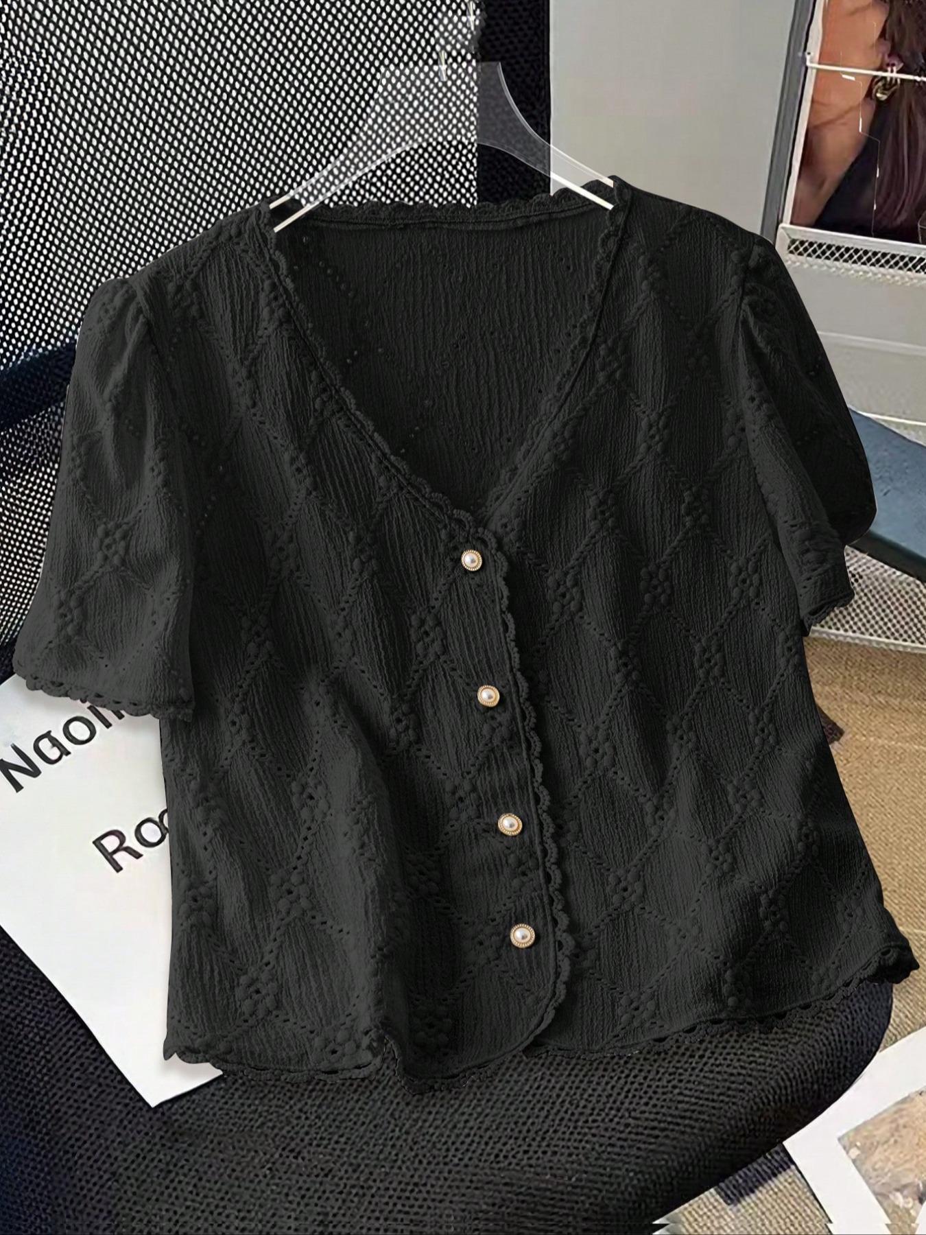 Women's Plain Short Sleeve Button Fitted Blouse, Casual Basic Top for Daily Wear, Ladies Clothes for All Seasons