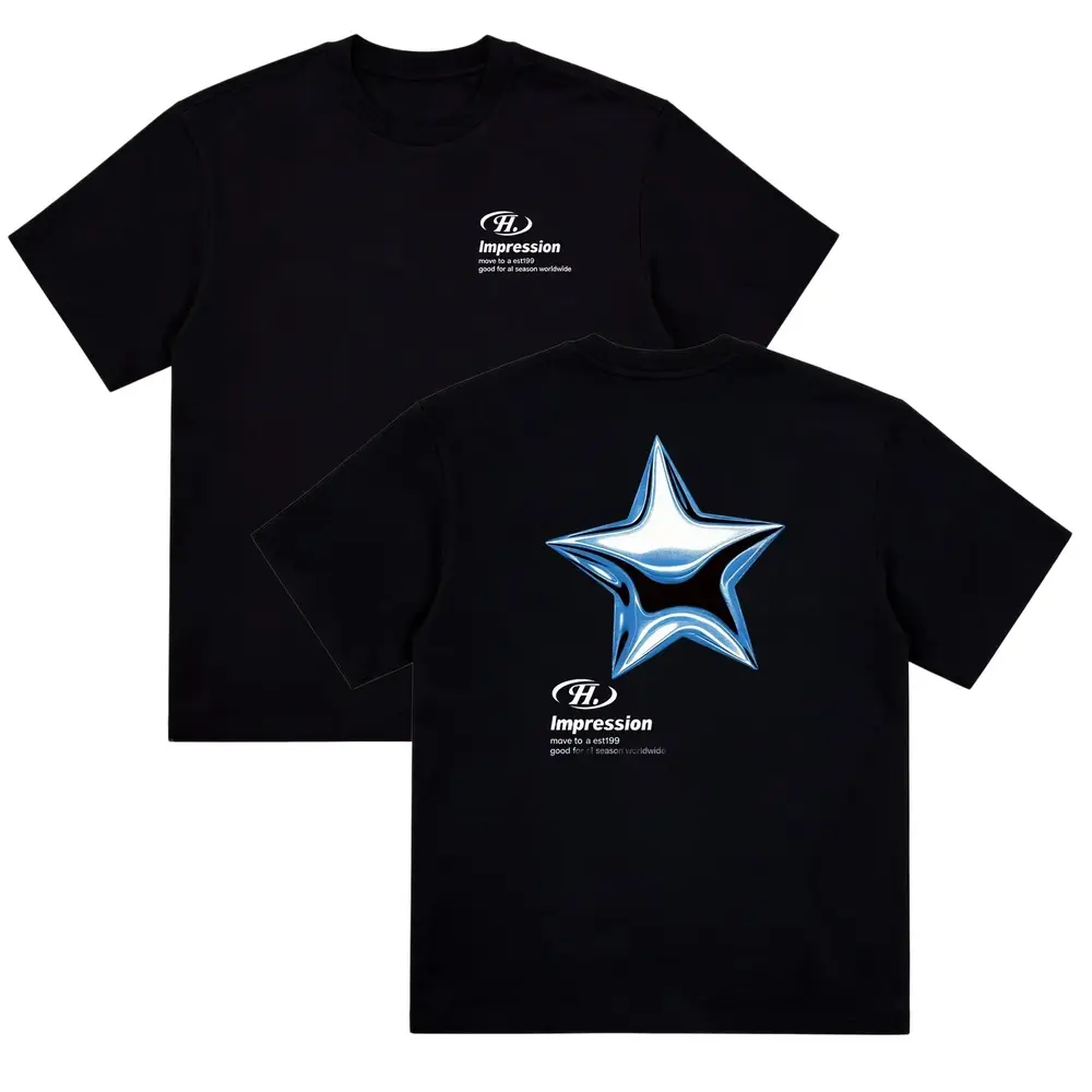 Oversized Back Print T-Shirt 3D Chrome Blue Star Impression Text Graphic Tee Soft Breathable Cotton Y2K Casual Short Sleeve Unisex Top For Street Style Daily Outfit