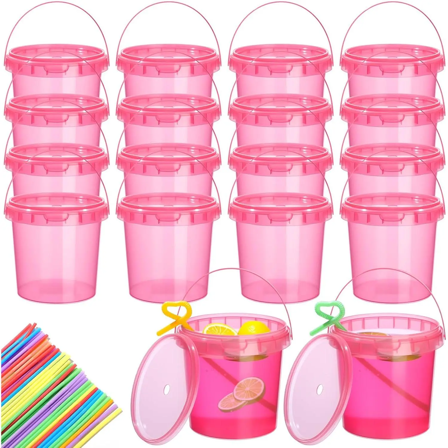 16 Pack 34 oz Rose  Color Drink Buckets with  and Straws Plastic Clear Rum Disposable Drinking  Bucket with Handles for Beverage Coffee Lemonade Pool Picnic Party Supplies