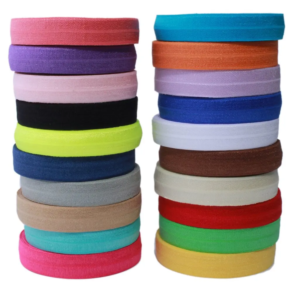 Solid Color Synthetic Fiber Stretch Fold Over Elastic (FOE) Trim Ribbon by the Yard, 5/8 inch (1.5 cm) x 20 yd, Mix 20 Colors for Hair Ties & Headband Use