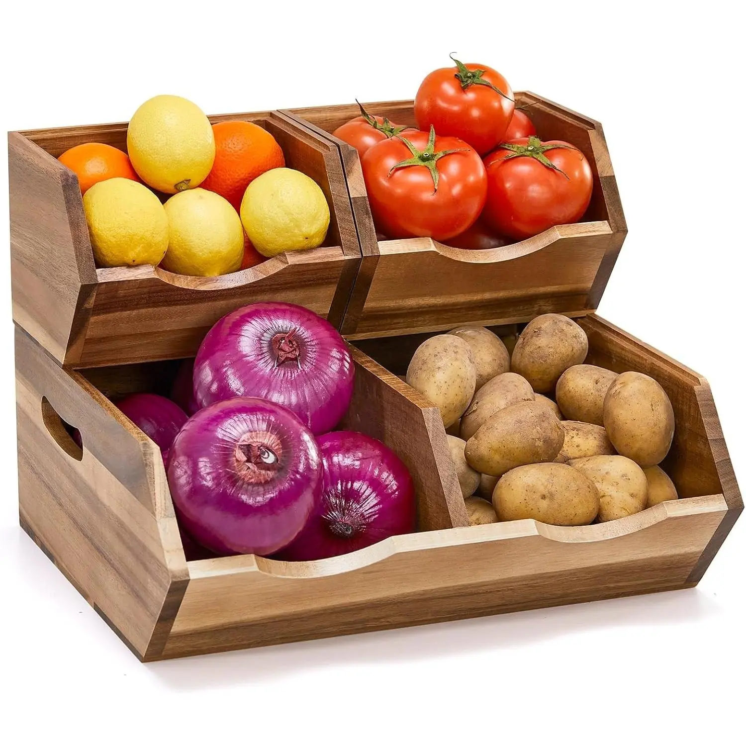 Acacia Wood Pantry Storage Bins, Stackable Storage Baskets Potato and Onion Storage Bins, Pantry Organizer Wooden Baskets Organization and Storage, Set 3 Pieces