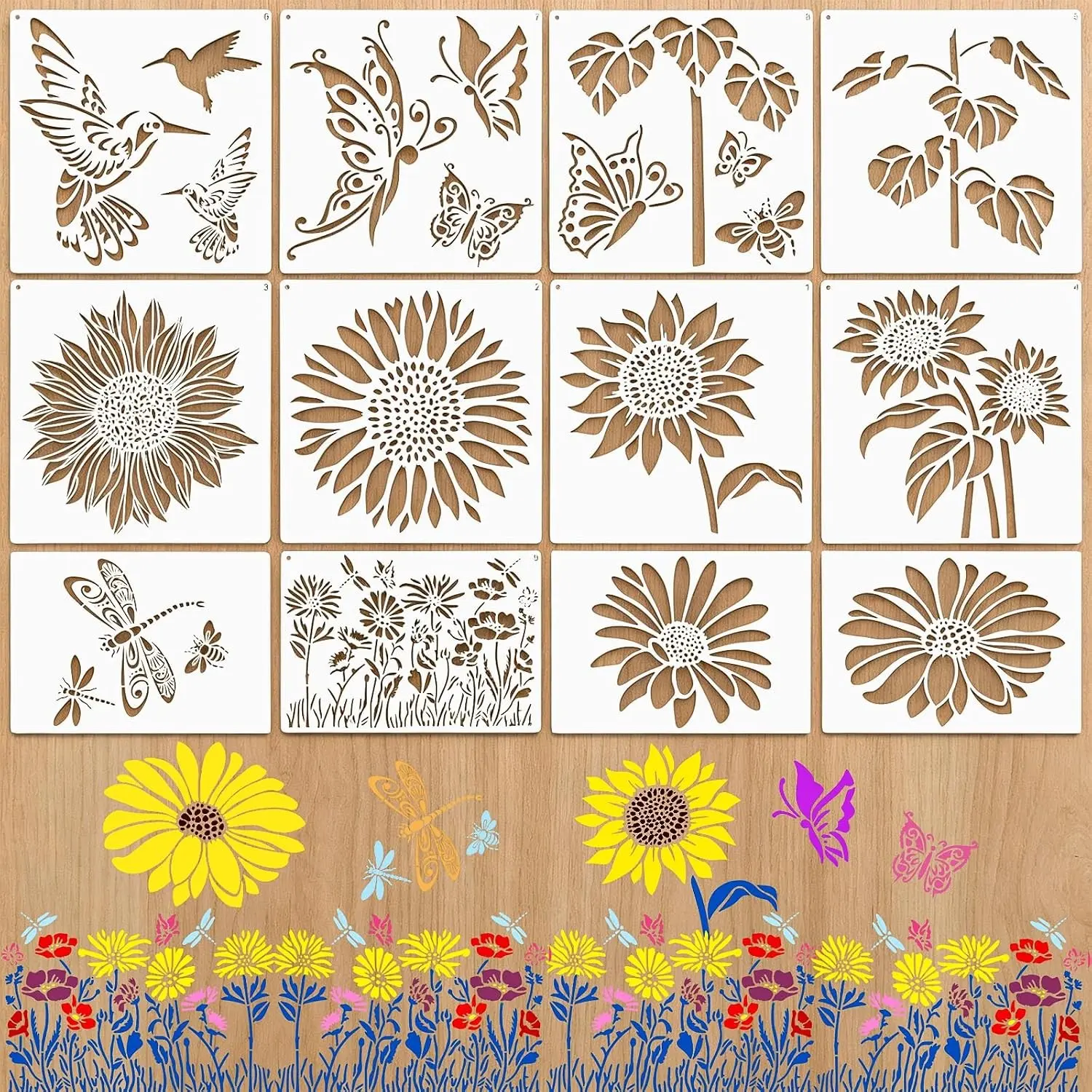 12Pcs Large Sunflower Stencils, Reusable Burning Stencils for Outdoors, Flower Butterfly Stencil for Painting on Wood Fence Garden Wall Mural DIY Crafts Canvas Fabric Furniture
